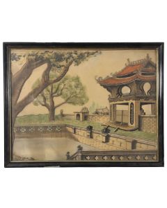 Dessin école Asiatique temple bouddhiste à l'encre et couleur