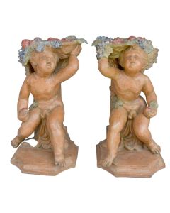 Statuettes bébés Bacchus en terre cuite polychrome (paire)