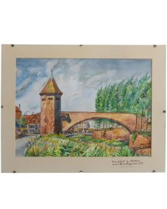 Aquarelle vue du pont de Haguenau par S. Hache-Schmuch