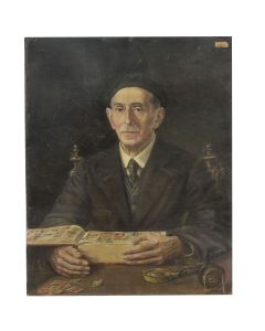 Portrait gentilhomme philatéliste à l’huile sur isorel époque XXème