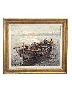 Huile sur panneau Jacques Van den Busche pêcheur en mer