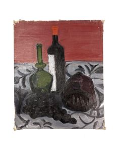 Nature morte huile sur toile bouteille et chou