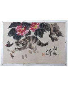 Peinture sur soie Japonisante au chat et papillon époque début XXème