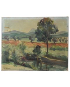 Huile sur toile paysage terre rouge et vignes par Chaix 1952 