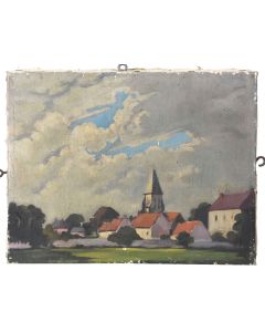 Huile sur toile école française années 40 paysage au clocher