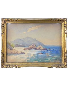 Dessin aquarelle marine provençale aux rochers tombants 1900