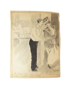 Dessin illustration originale vers 1900 de V. Spahn couple coquins