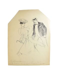 Dessin illustration originale vers 1900 de V. Spahn couple chapeau