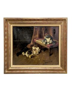 Les chatons mangent un oisillon par Brumel Neuville époque XIXème 