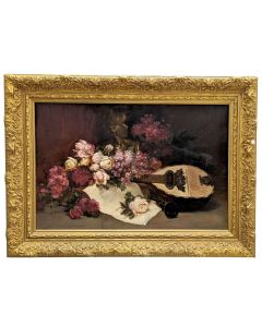 Eugène Baudin Huile sur toile Nature morte aux roses et lilas 