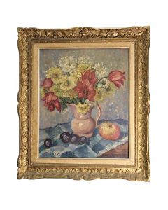 Huile sur toile de Suzanne De Clausade Nature morte aux oranges prunes panier 