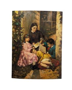 Portrait de lecture de jeune femme aux enfants Huile sur bois 20ème