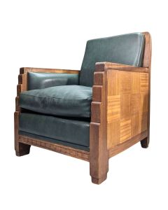 Série de 4 fauteuils clubs art déco en acajou et cuir vert 