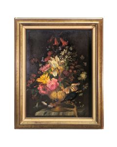 Nature morte aux tulipes et corneille école Française Philippe Lazare XXème