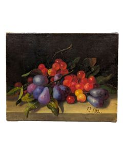 Nature morte aux prunes poires et griottes école Française Philippe Lazare XXème