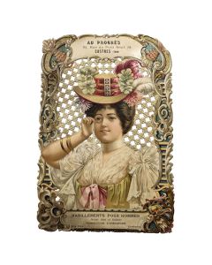 Carton publicitaire "Au progrès" habillement pour hommes vers 1900 chromolithographie