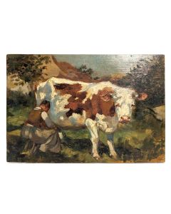 Louis Edouard Garrido Huile sur panneau la traite des vaches 