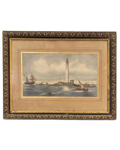 Aquarelle Émile Henry voiliers près d'un phare (probablement Phare de planier) 