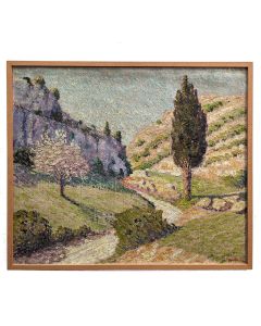 Huile sur toile pointilliste paysage de Provence par Henri Grallan