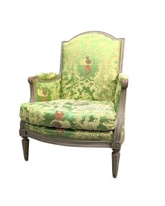 Fauteuil bergère style Louis XVI laqué tapissée soie XIXème