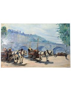 Scène Parisienne bord de Seine Gustave Madelain peinture à l'huile 