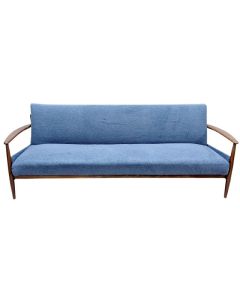 Canapé-lit scandinave vintage en bois courbé, tissu bouclé bleu – années 1960