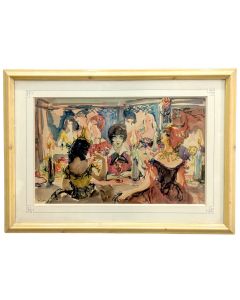 Eliane Diverly aquarelle représentant ue scène de genre dans un salon de thé