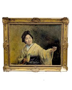 Léo Page (1951) – Huile sur isorel : "Femme au saké" – Grand tableau orientalisant