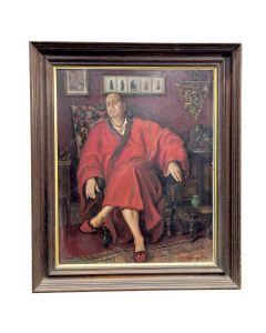 Portrait d’homme en robe de chambre – Huile sur bois signée Villameur (1955)