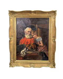 Portrait vieillard au chat huile sur toile par Paillet
