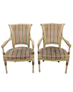 Paire de fauteuils  de style  directoire  laqué peint dessus velours vert