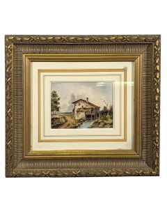Gravure maison au bord de l'eau 1900