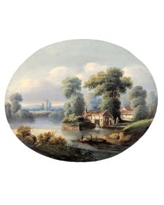 huile sur panneau paysage lacustre XIXème 