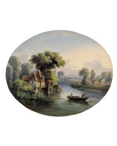 huile sur panneau paysage lacustre XIXème 