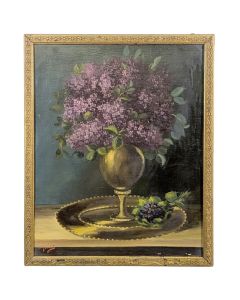 Nature morte lilas signée huile sur toile 