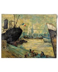 Huile sur toile Narcisse Guilbert bateaux à quai