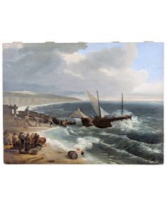 Huile sur panneau marine début XIXème scène de naufrage 