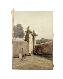 Peinture huile sur panneau entrée de maison XIXème
