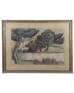Dessin au pastel de A DELFAU arbres 