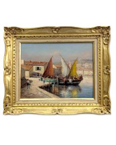 Peinture huile sur toile marine au port XXème