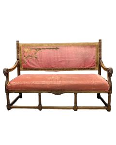 Banquette velours rose de style Henri II en noyer fin XIXème