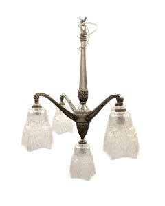 Lustre enbronze argenté  années 1930 Art déco aux tulipes en verre  moulé 