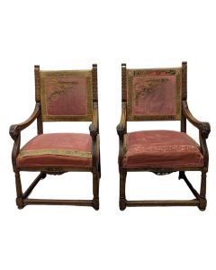 Paire de fauteuils velours rose de style Henri II en noyer fin XIXème