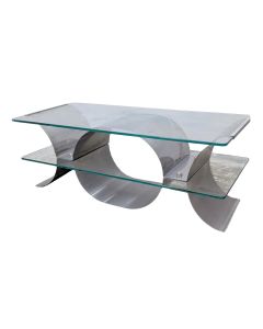 Table basse 1980 inox plié à 2 plateaux par François Monnet 