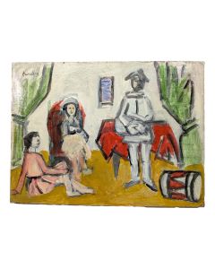 Huile sur carton Arlequin et deux jeunes filles 20ème Rudolf Kundera école tchèque