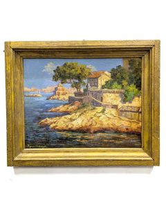 paire d'huile sur cartons marine et paysage signature illisible 