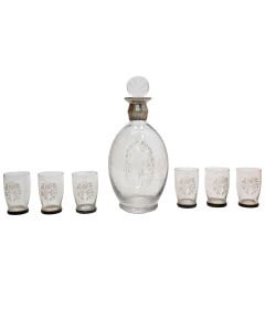 Service à liqueur art déco en verre sablé et argent