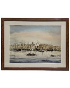Dessin aquarelle signée Spinelli Marseille le vieux port