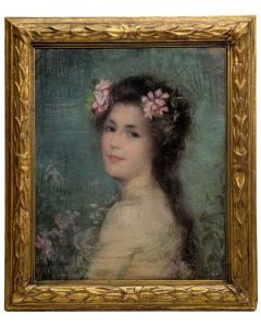Portrait de jeune fille pastel école belge Fernande de Mertens