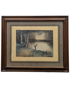 aquarelle pêcheur rivière école Française 20ème